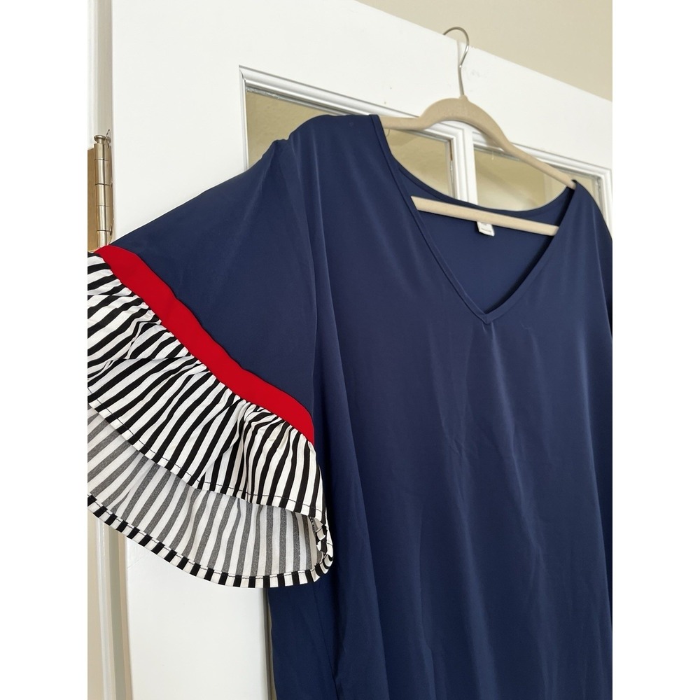 Women's Navy Blue Ruffle Striped Sleeve Mini Sun Dress‎ V Neck Plus Size 4 XL - Picture 2 of 8